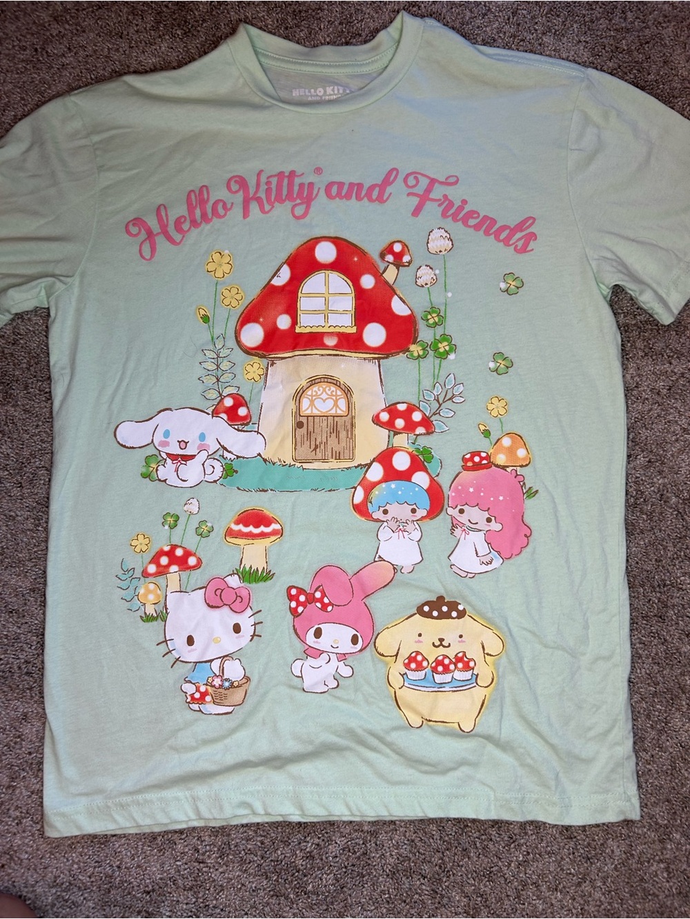 Hello Kitty Mint Green Short Sleeve Tee with Mushroom Friends